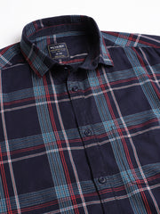 Men Navy Blue Regular Fit Checkered Spread Collar Casual Shirt