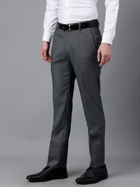 Men Dark Grey Standard Fit Mid Rise Checked Formal Trouser