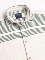 Men Cream Green Regular Fit Striped Spread Collar Casual Shirt