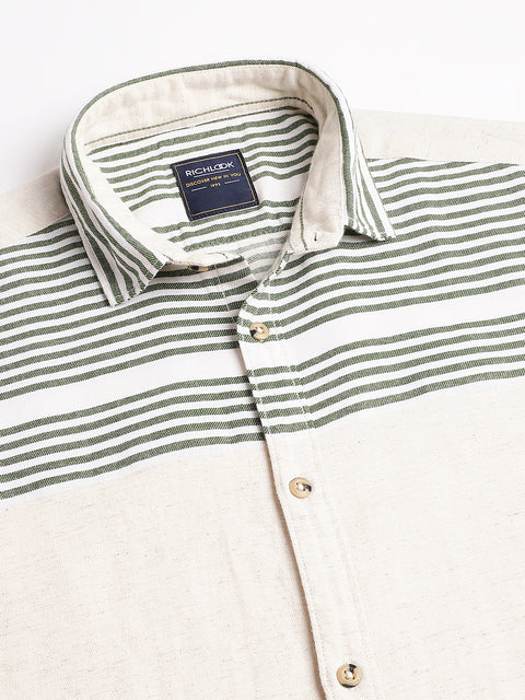 Men Cream Green Regular Fit Striped Spread Collar Casual Shirt