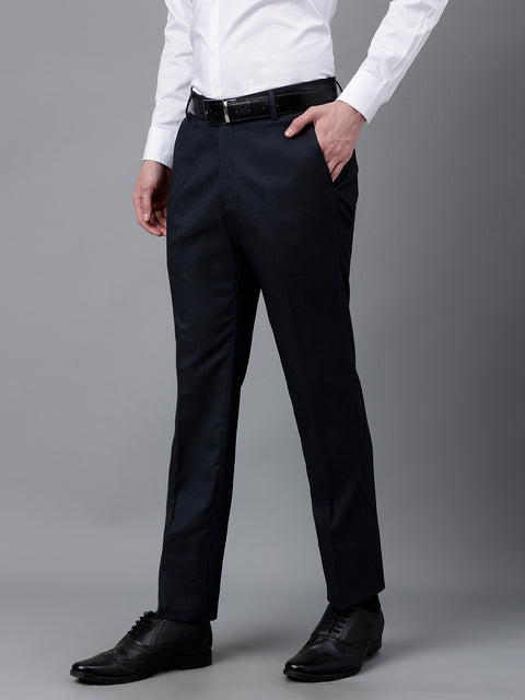 Men Navy Standard Fit Mid Rise Solid Formal Trouser