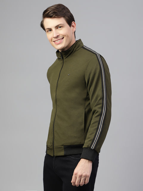 Men Olive Regular Fit Solid Stand Collar Casual Jacket