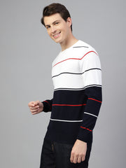 Men Navy White Regular Fit Solid Crew Neck Casual Sweater