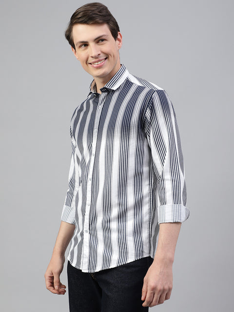 Men White Navy Regular Fit Striped Spread Collar Casual Shirt