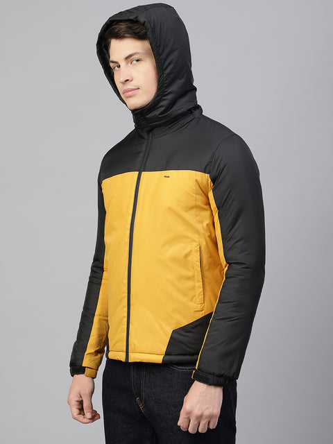 Men Black Ochre Regular Fit Solid Hoodie Casual Jacket