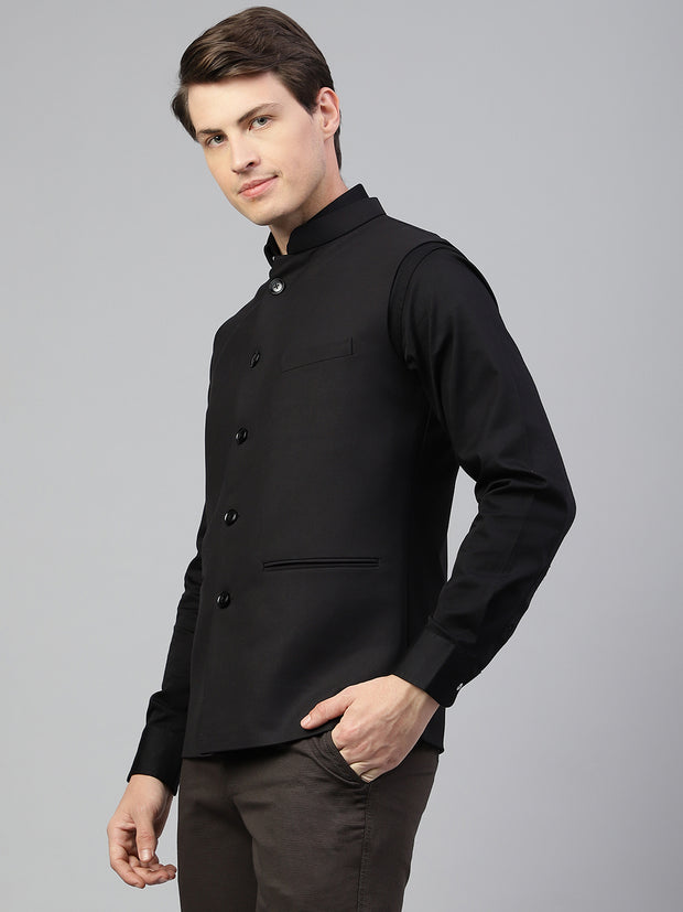 Men Black Regular Fit Solid Stand Collar Formal Waist Coat