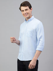 Men Sky Blue Regular Fit Solid Spread Collar Casual Shirt