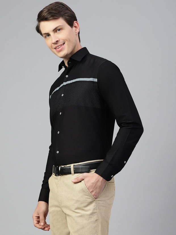 Men Black Regular Fit Print Spread Collar Club Wear Shirt