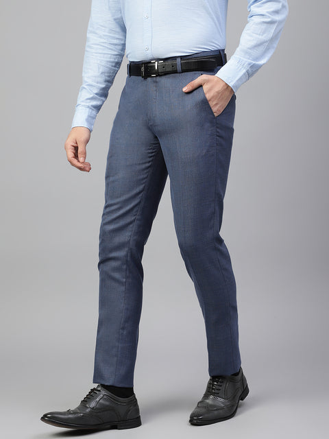 Men Blue Regular Fit Checkered Mid Rise Formal Trouser