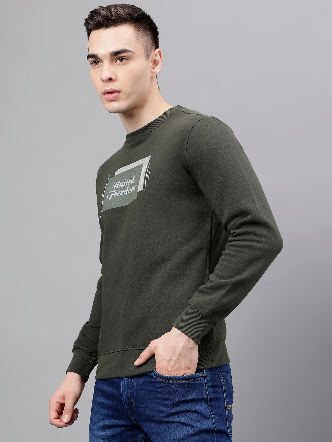 Men Olive Standard Fit Solid Sweat Shirt