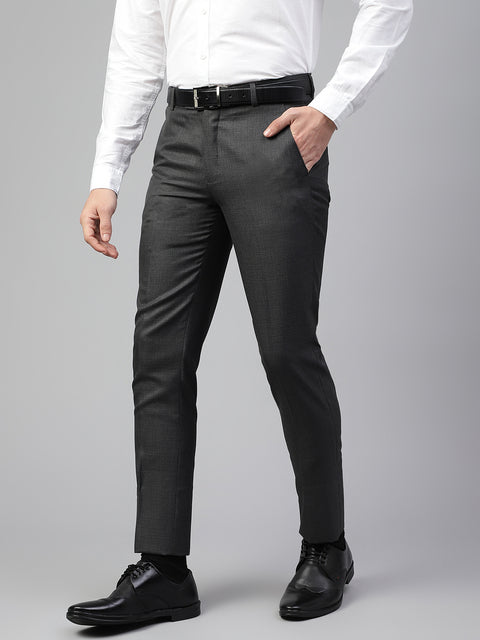 Men Charcoal Grey Regular Fit Solid Mid Rise Formal Trouser