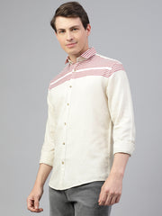 Men Cream Red Regular Fit Striped Spread Collar Casual Shirt