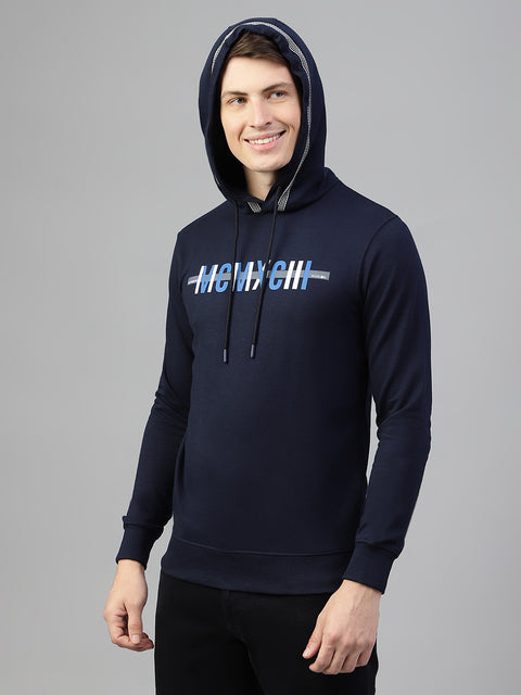 Men Navy Regular Fit Print Hoodie Casual Sweat Shirt