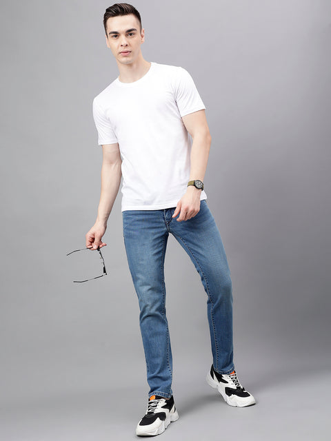 Men Mid Blue Slim Fit Washed Mid Rise Stretchable Jeans
