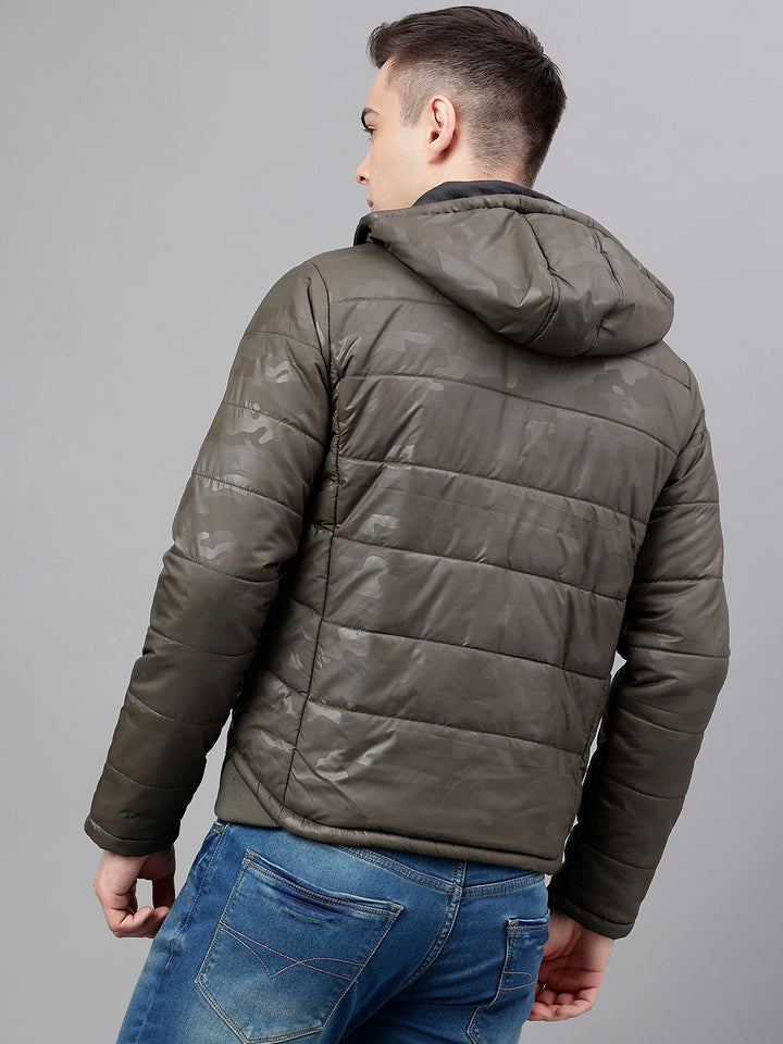 Men Olive Standard Fit Solid Hoodie Jacket