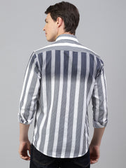 Men White Navy Regular Fit Striped Spread Collar Casual Shirt