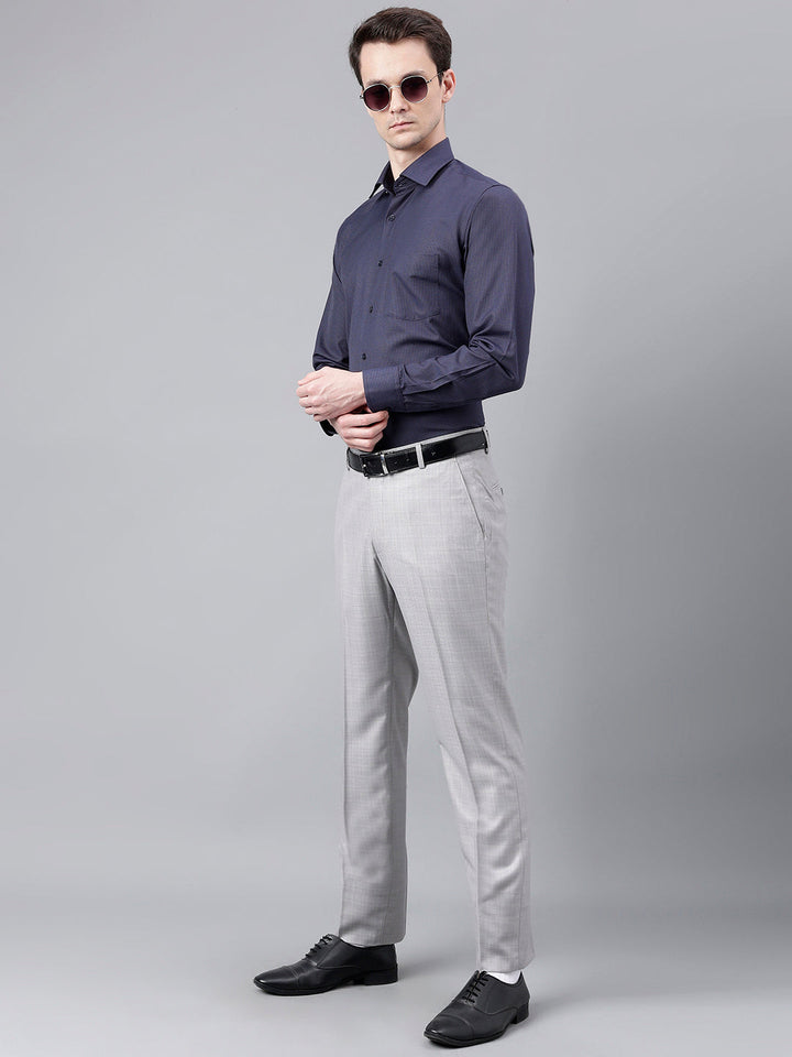 Men Light Grey Standard Fit Mid Rise Checked Formal Trouser