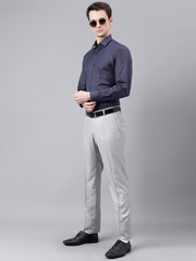 Men Light Grey Standard Fit Mid Rise Checked Formal Trouser