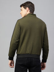Men Olive Regular Fit Solid Stand Collar Casual Jacket
