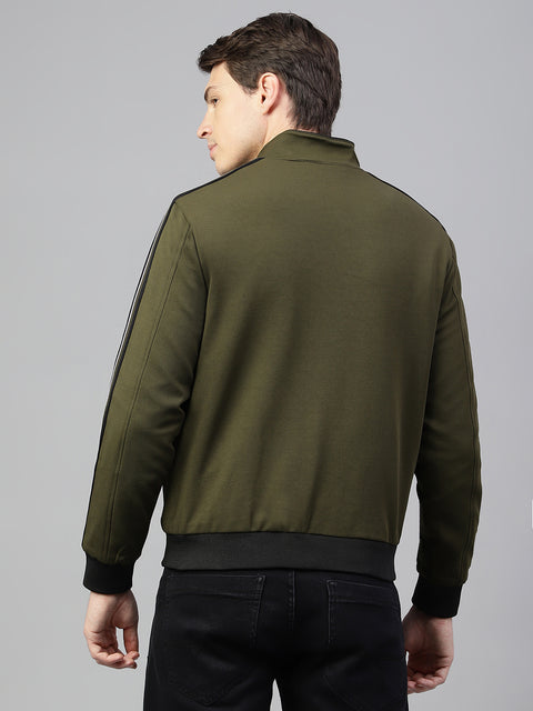 Men Olive Regular Fit Solid Stand Collar Casual Jacket