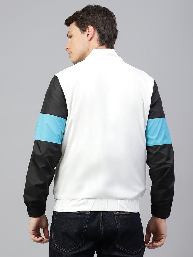 Men Navy White Regular Fit Colorblocked Stand Collar Casual Jacket