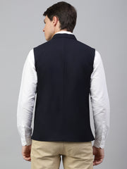 Men Navy Regular Fit Solid Stand Collar Formal Waist Coat