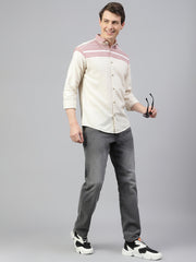 Men Cream Red Regular Fit Striped Spread Collar Casual Shirt