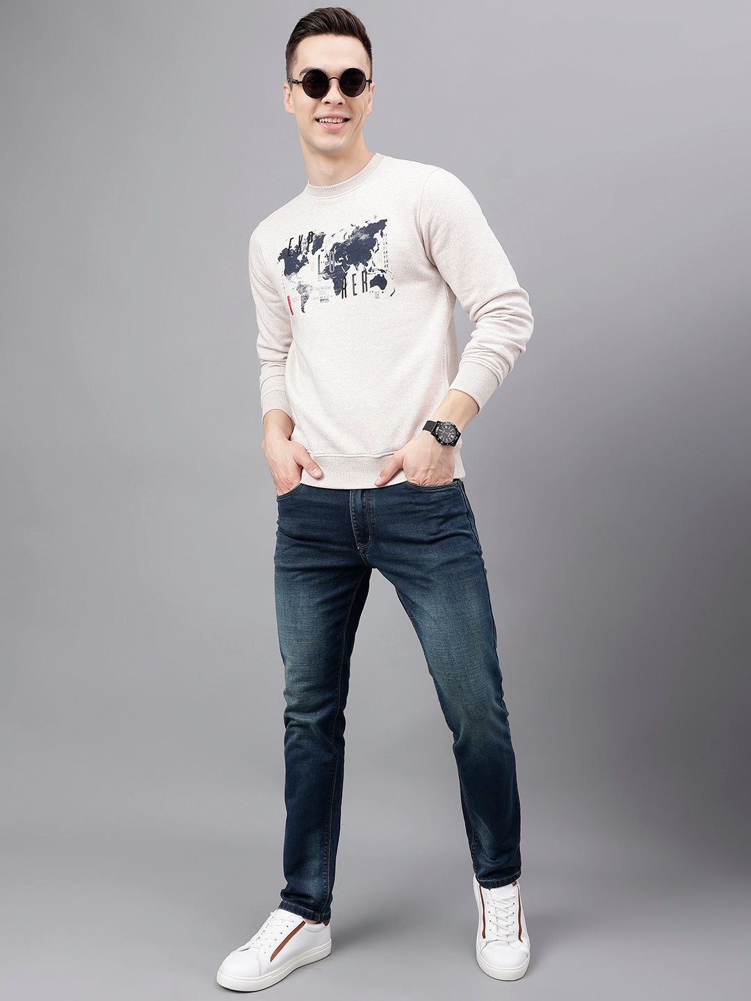 Men Oatmeal Standard Fit Printed Sweat Shirt