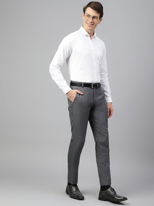 Men Dark Grey Regular Fit Solid Mid Rise Formal Trouser