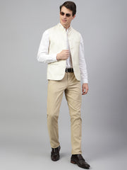 Men Cream Regular Fit Solid Stand Collar Club Wear Waist Coat