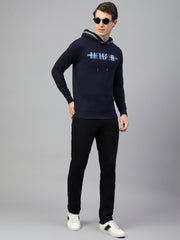 Men Navy Regular Fit Print Hoodie Casual Sweat Shirt