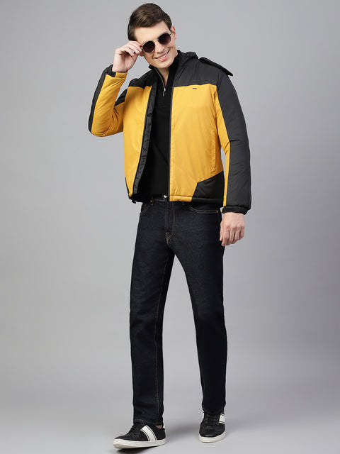Men Black Ochre Regular Fit Solid Hoodie Casual Jacket