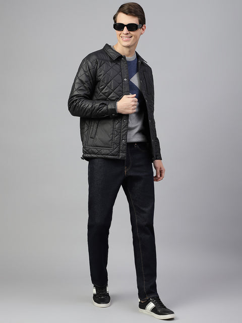 Men Black Regular Fit Solid Stand Collar Casual Jacket