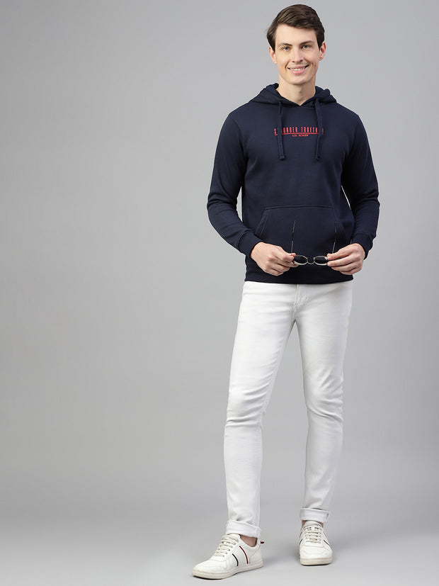 Men Navy Regular Fit Solid Hoodie Casual Sweat Shirt