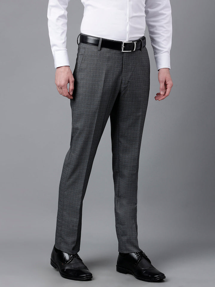 Men Dark Grey Standard Fit Mid Rise Checked Formal Trouser