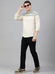 Men Cream Green Regular Fit Striped Spread Collar Casual Shirt