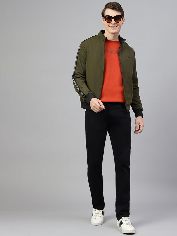 Men Olive Regular Fit Solid Stand Collar Casual Jacket