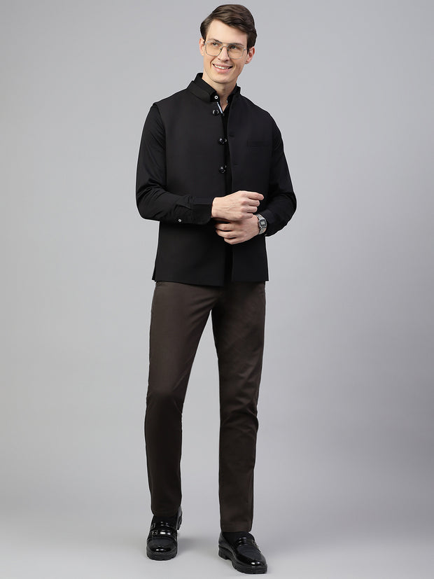 Men Black Regular Fit Solid Stand Collar Formal Waist Coat