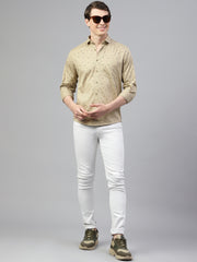 Men Khaki Regular Fit Print Spread Collar Casual Shirt