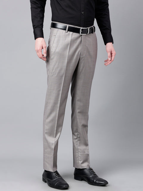 Men Grey Standard Fit Mid Rise Checked Formal Trouser