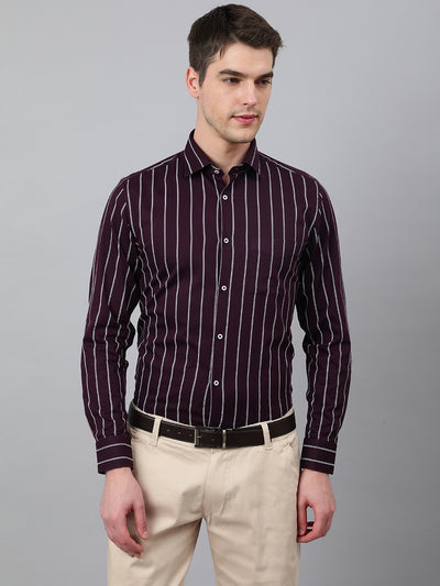 Men Wine Standard Fit Striped Club Wear Shirt