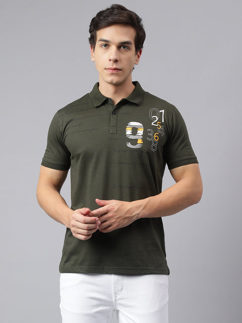 Men Olive Regular Fit Printed Polo Neck Casual T-Shirt