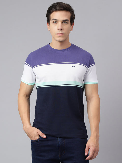 Men Navy Purple Regular Fit Color Blocked Crew Neck Casual T-Shirt