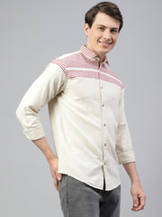 Men Cream Red Regular Fit Striped Spread Collar Casual Shirt