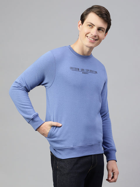 Men Chrome Blue Regular Fit Solid Crew Neck Casual Sweat Shirt