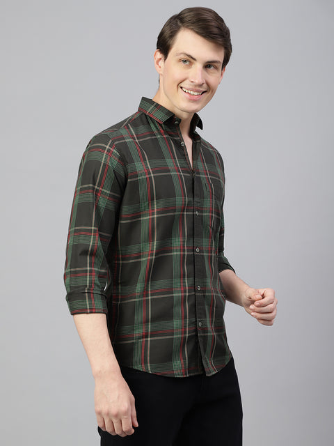 Men Black Green Regular Fit Checkered Spread Collar Casual Shirt