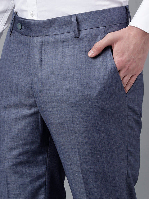Men Blue Standard Fit Mid Rise Checked Formal Trouser