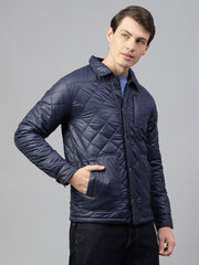 Men Navy Regular Fit Solid Stand Collar Casual Jacket