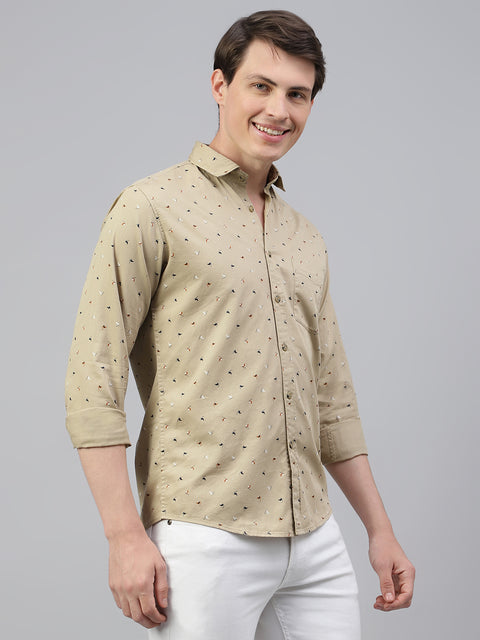 Men Khaki Regular Fit Print Spread Collar Casual Shirt