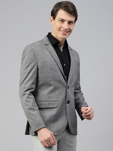 Men Grey Regular Fit Checkered Notched Lapel Casual Blazer